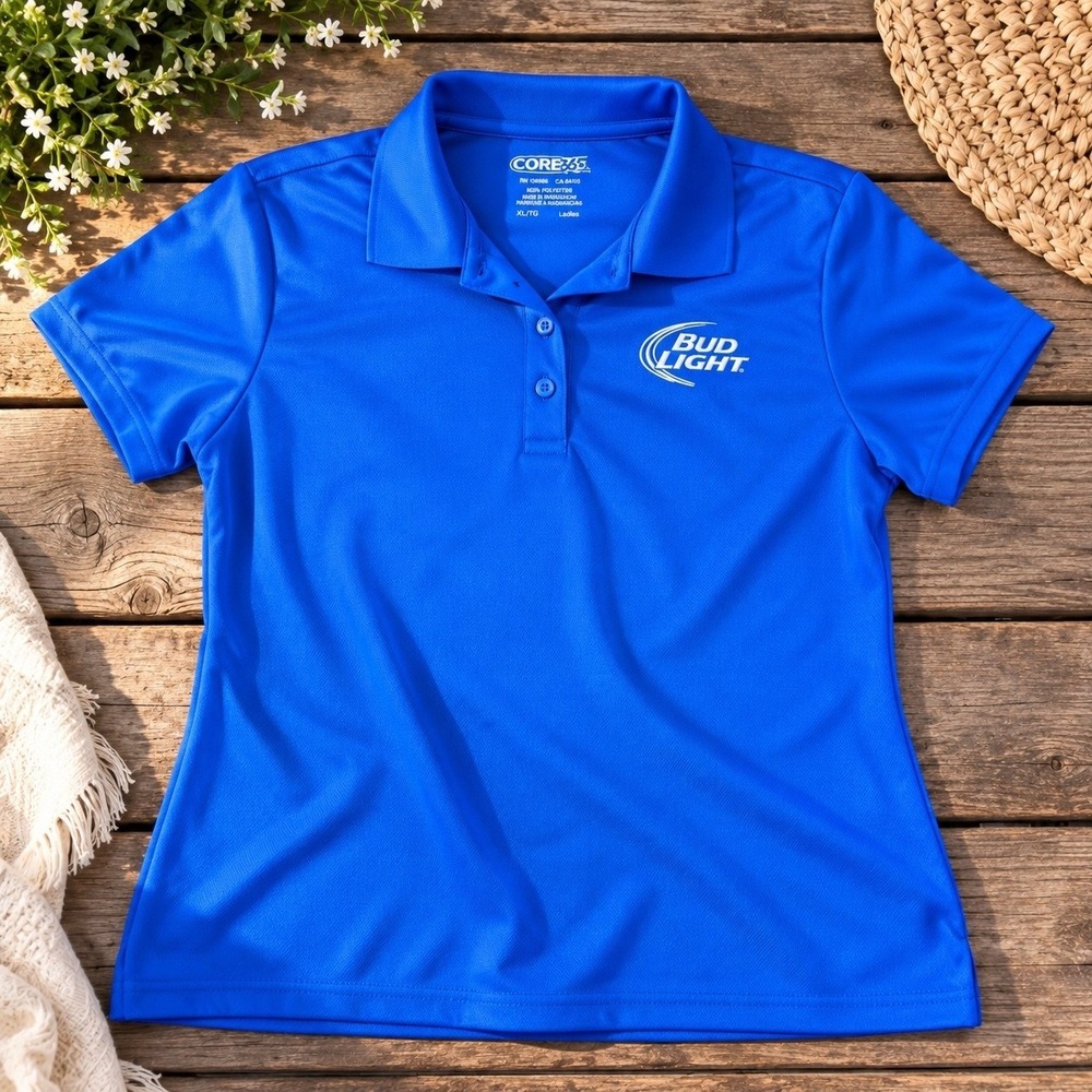 Core 365 Bud Light Polo Shirt Womens XL Blue Short Sleeve Performance Activewear